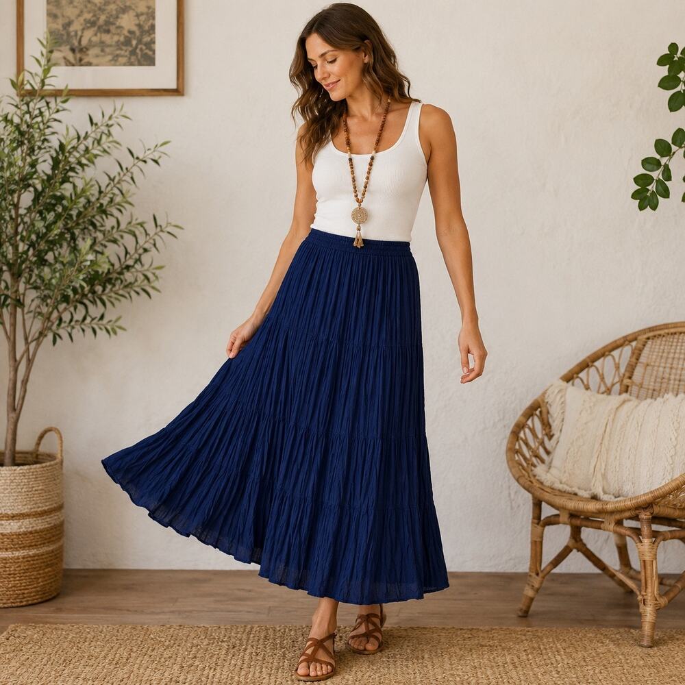 Scott Taylor Crinkle Maxi Skirt Navy Tiered Boho 90s Elastic Waist Vintage